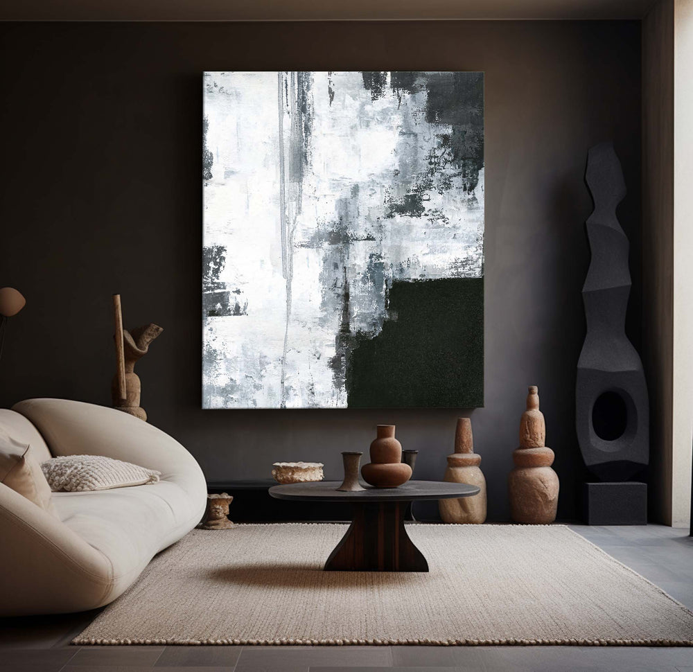 Large Vertical Textured Black White Cyan Abstract Painting On Canvas