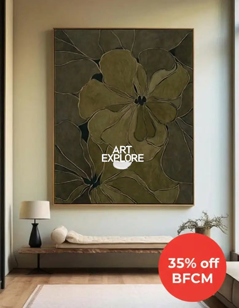 Minimalist Botanical Dark Green Art for Large Vertical Walls | ArtExplore