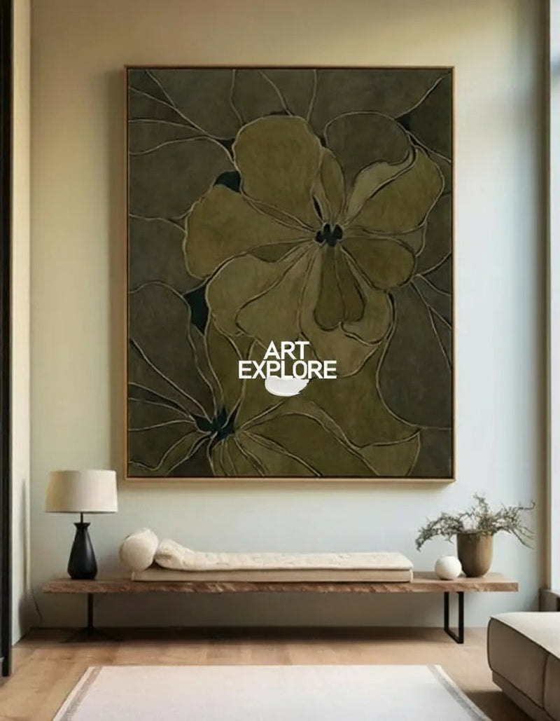 Minimalist Botanical Dark Green Art for Large Vertical Walls | ArtExplore