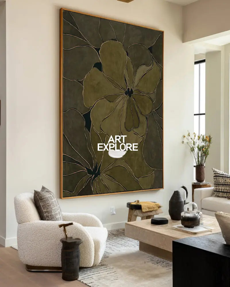 Large Wabi-Sabi Floral Canvas Art, Minimalist Dark Green Wall Decor | ArtExplore