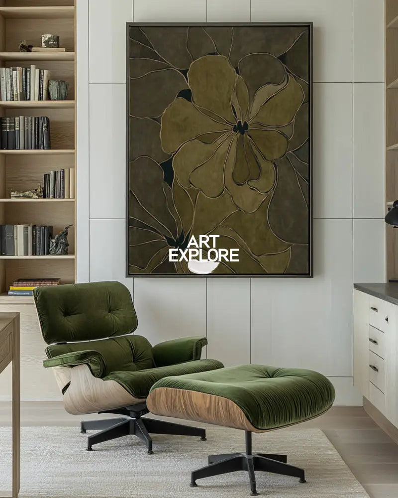 Minimalist Botanical Dark Green Art for Large Vertical Walls | ArtExplore