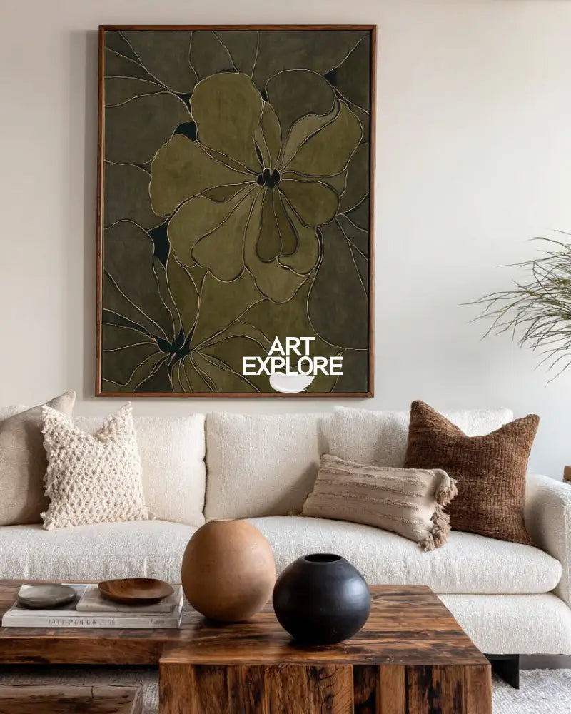Elegant Hand-Painted Floral Wabi-Sabi Art, Modern Green Canvas | ArtExplore
