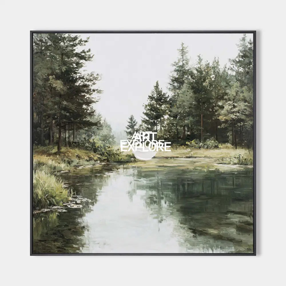 Large Green Lake Landscape Oil Painting – Minimalist Nature Wall Art | ArtExplore