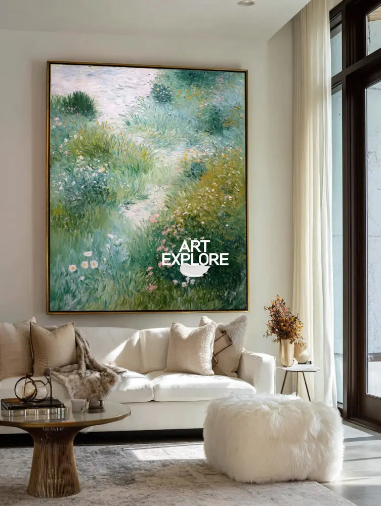 Serene Green Garden Oil Painting | Large Vertical Wall Decor | ArtExplore