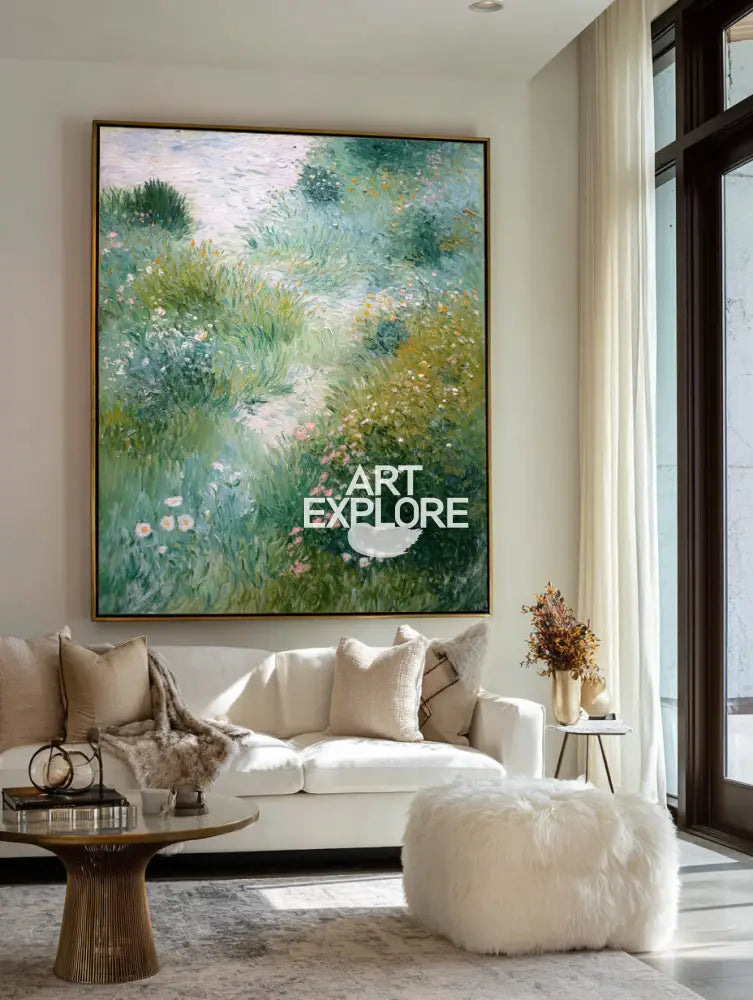 Serene Green Garden Oil Painting | Large Vertical Wall Decor | ArtExplore
