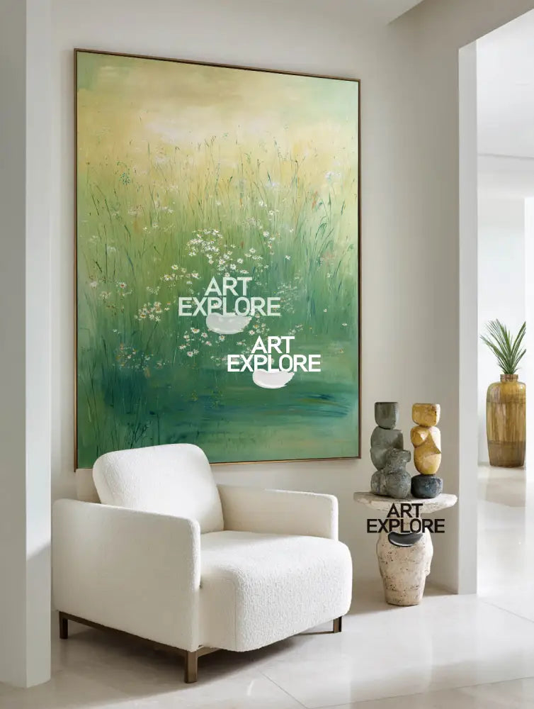 Green Lotus Pond Oil Painting for Modern Large Wall Décor – Vertical Canvas | ArtExplore
