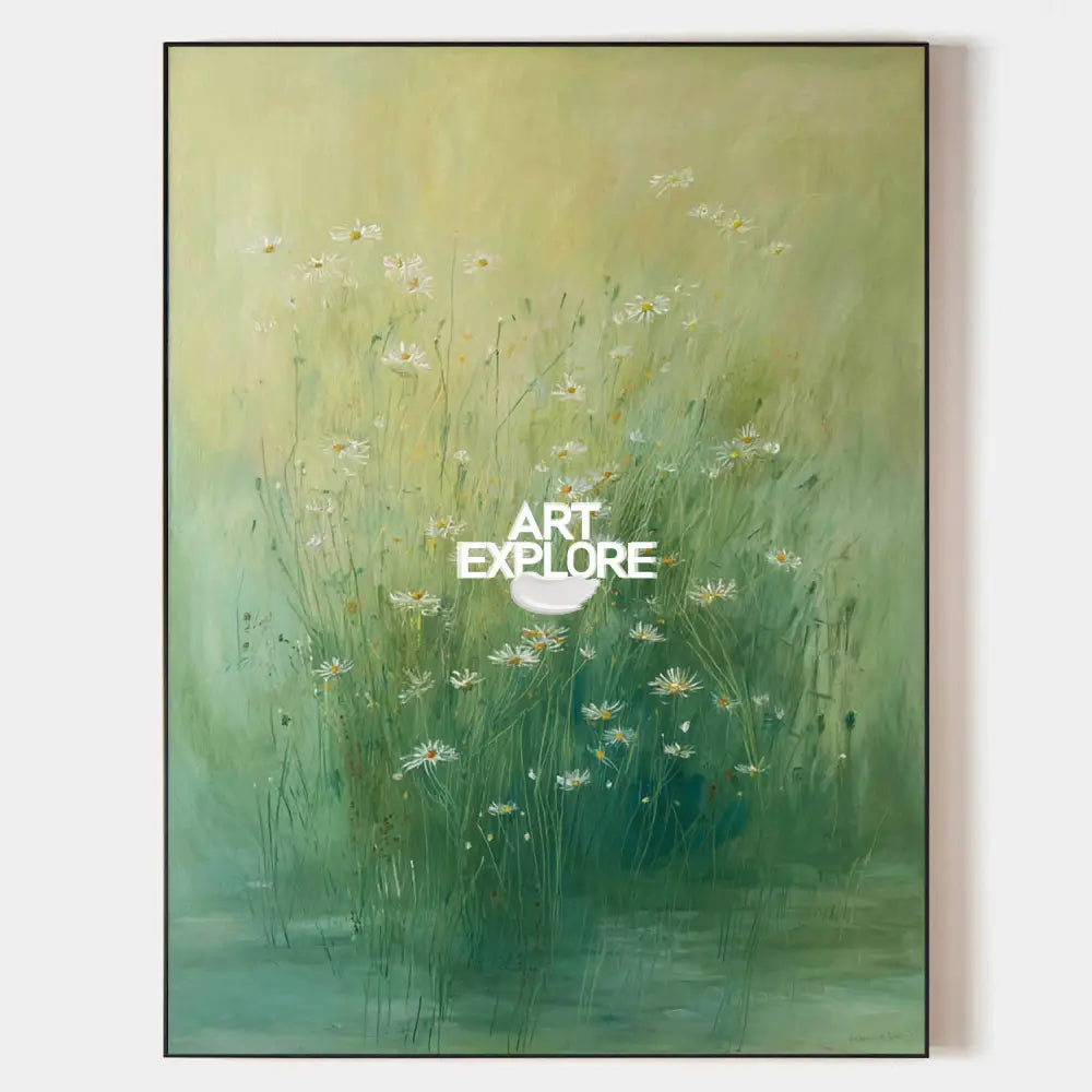 Green Daisy Lotus Pond Oil Painting – Large Vertical Wall Art for Modern Living Room | ArtExplore