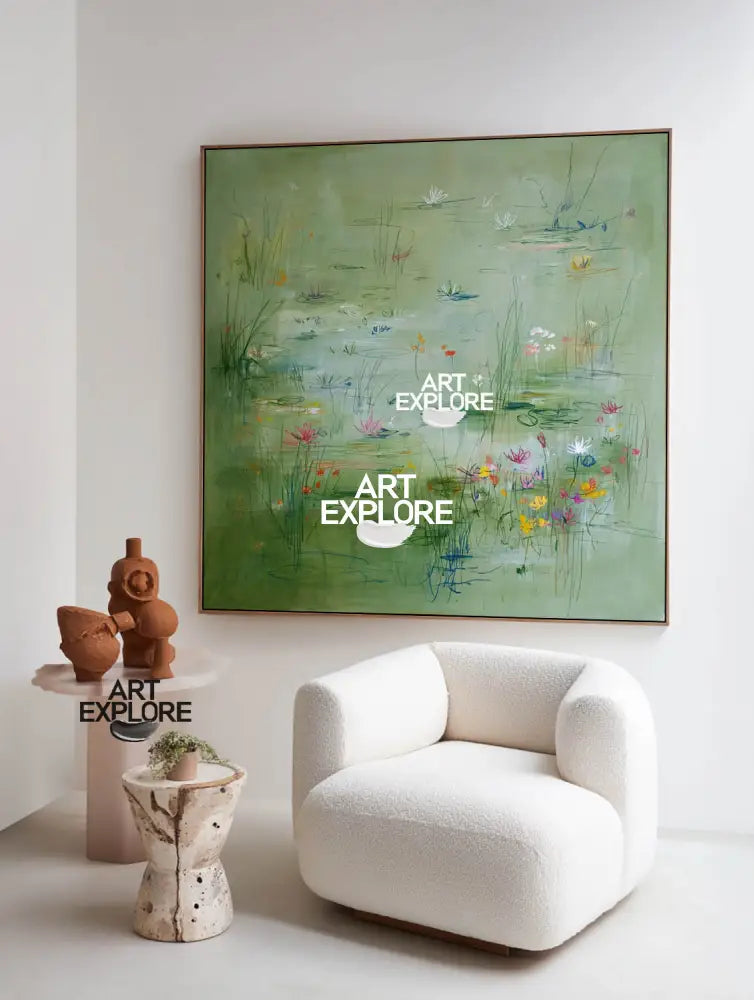 Minimalist Green Pond Painting | Large Square Canvas for Home Office