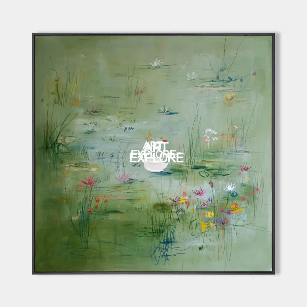 Green Lotus Pond Wall Art for Living Room Large Wabi-Sabi Painting | ArtExplore