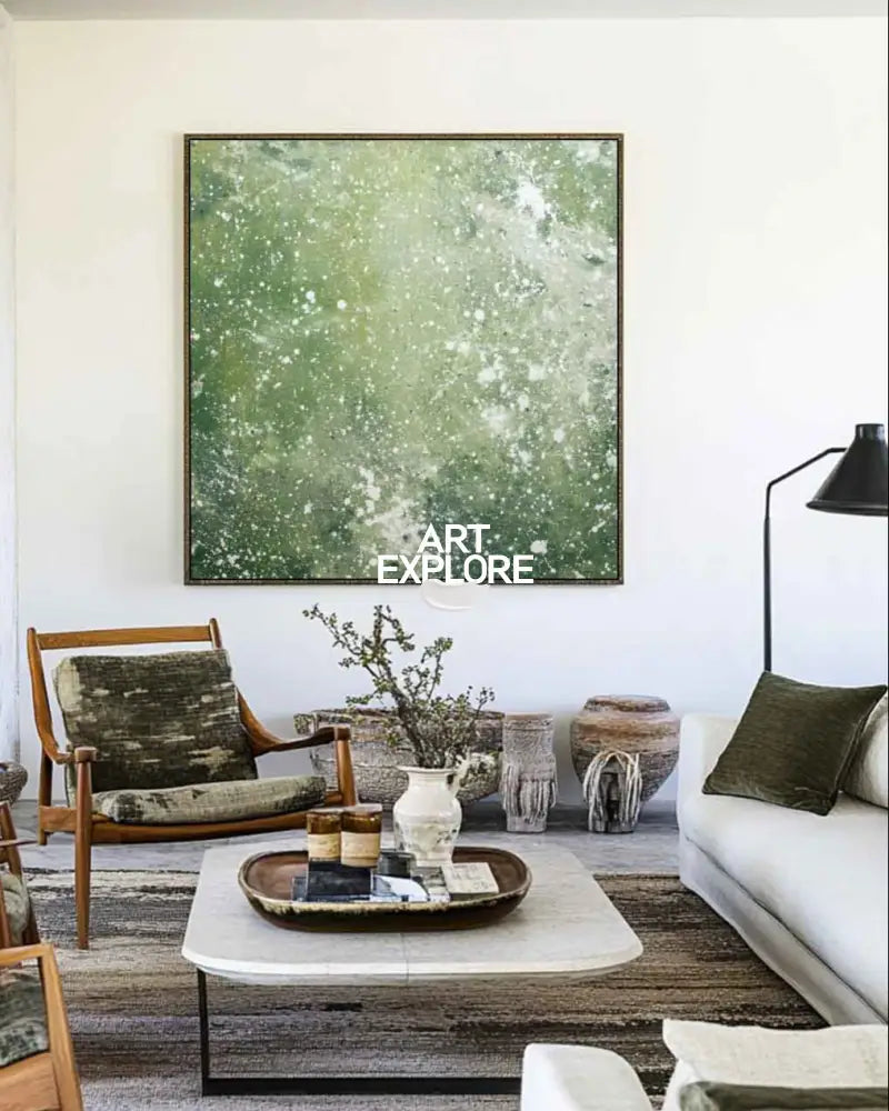 Serene Wabi-Sabi Green Wall Art for Bedroom or Hallway – Handmade Canvas | ArtExplore