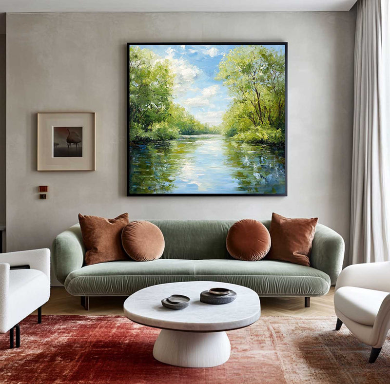 Large Green Lake Landscape Painting Modern Lake View Painting Textured Canvas Art For Livingroom