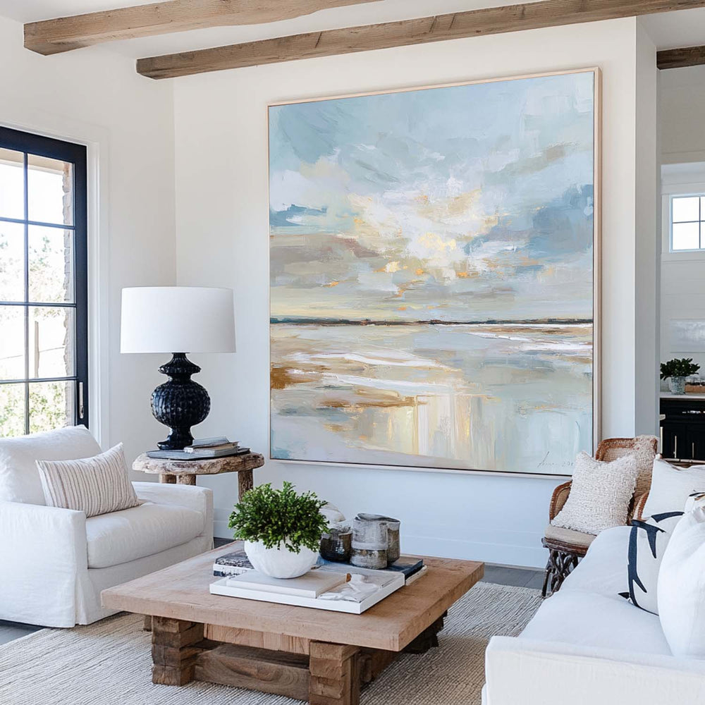 Elegant Coastal Horizon Painting – Minimalist Handmade Wall Art for Bedrooms or Bathrooms