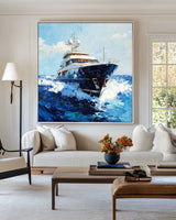 Large Sea Ship Wall Art Blue Cruise Ship Painting Textured Wall Art Painting Living Room Wall Art