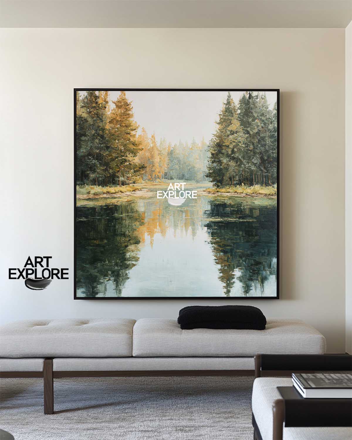 Handmade Minimalist Lake Scene Canvas Painting for Living Room Wall | ArtExplore