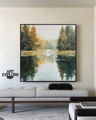 Handmade Minimalist Lake Scene Canvas Painting for Living Room Wall | ArtExplore