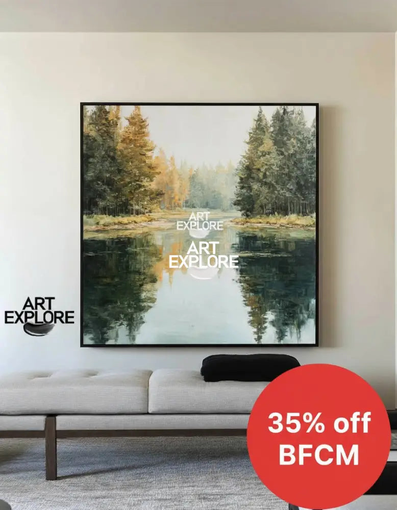 Tranquil Forest Lake Landscape Oil Painting – Large Square Wall Art | ArtExplore