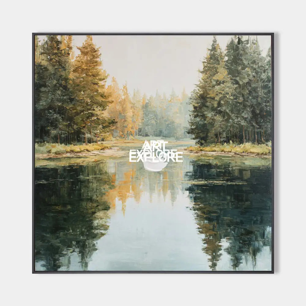 Tranquil Forest Lake Landscape Oil Painting – Large Square Wall Art | ArtExplore