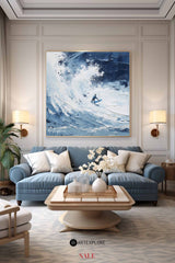 Original Blue Surf Paintings On Canvas White Blue Surf Thick Textured Painting For Sale