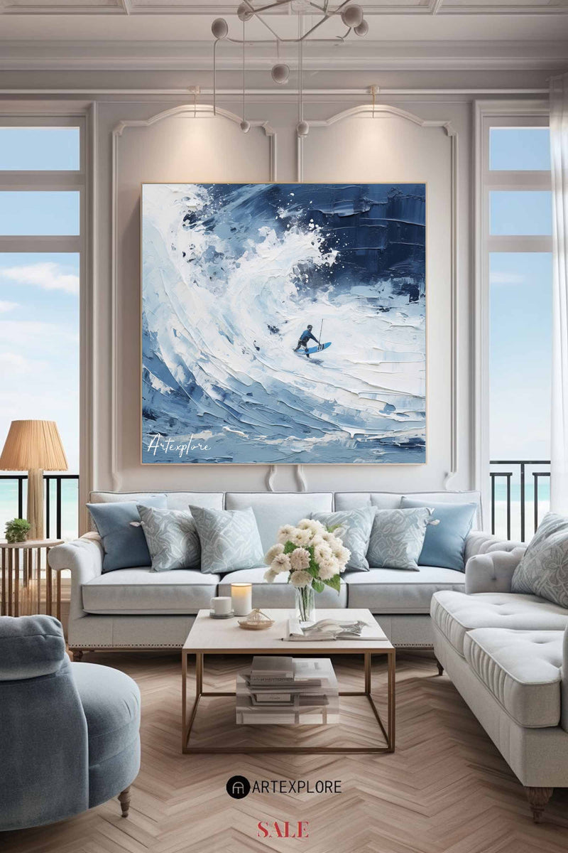 Original Blue Surf Paintings On Canvas White Blue Surf Thick Textured Painting For Sale