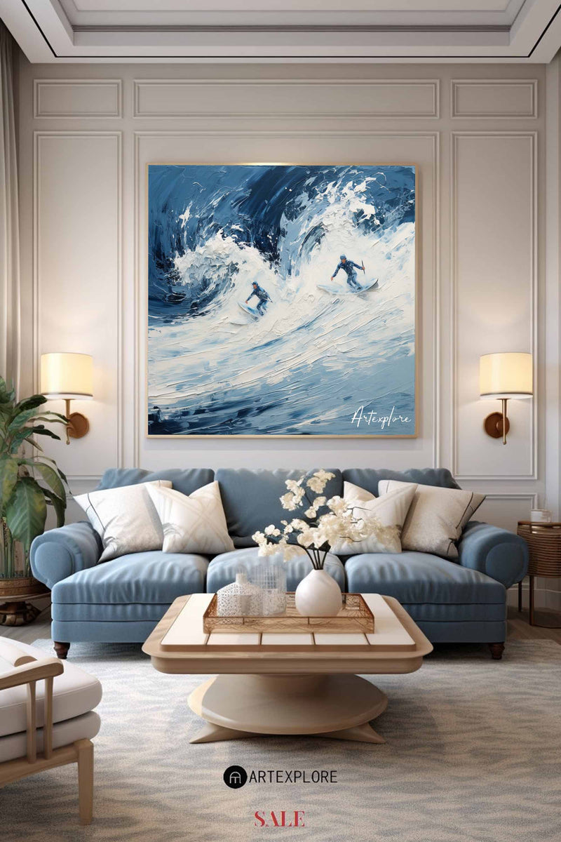 Modern Light Blue Surf Wall Art Paintings White Blue Surf Canvas Painting Original Handmade Painting