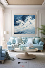 Modern Light Blue Surf Wall Art Paintings White Blue Surf Canvas Painting Original Handmade Painting