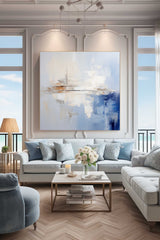 Large Blue And White Minimalist Wall Art Palette Knife Painting Modern Abstract Art Painting