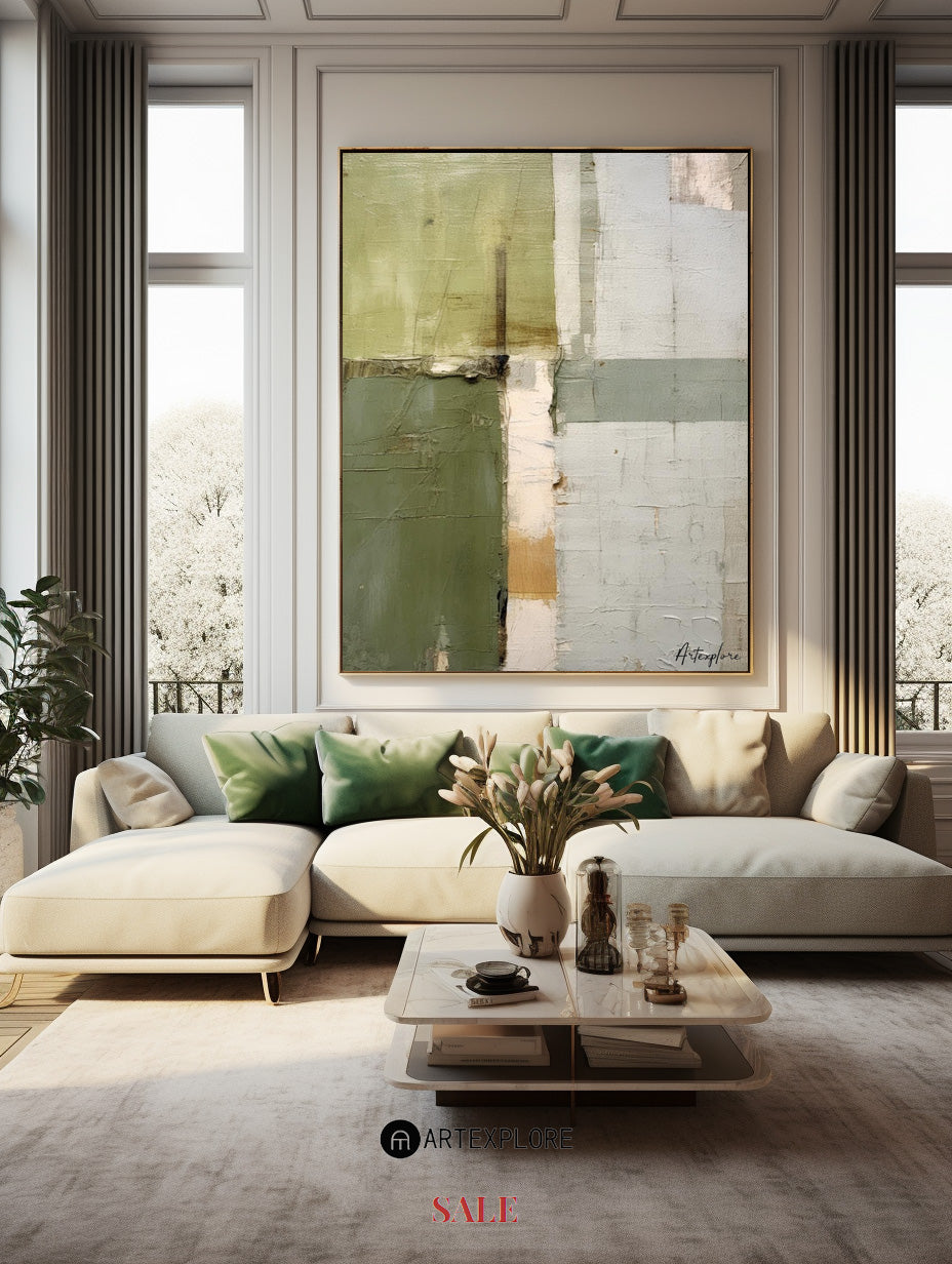 Wabi-sabi Green Abstract Art, Green Minimalist Painting, Luxury Textured Canvas Wall Art 