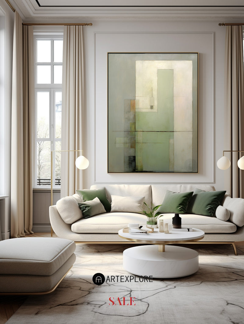 Green Abstract Art Beige Green Minimalist Acrylic Painting Modern Canvas Art For Sale