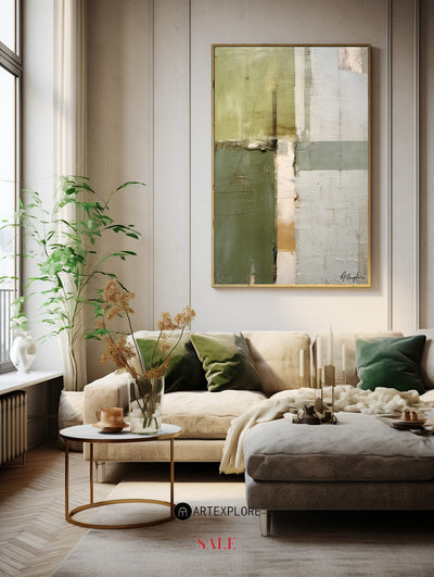 Wabi-sabi Green Abstract Art, Green Minimalist Painting, Luxury Textured Canvas Wall Art 