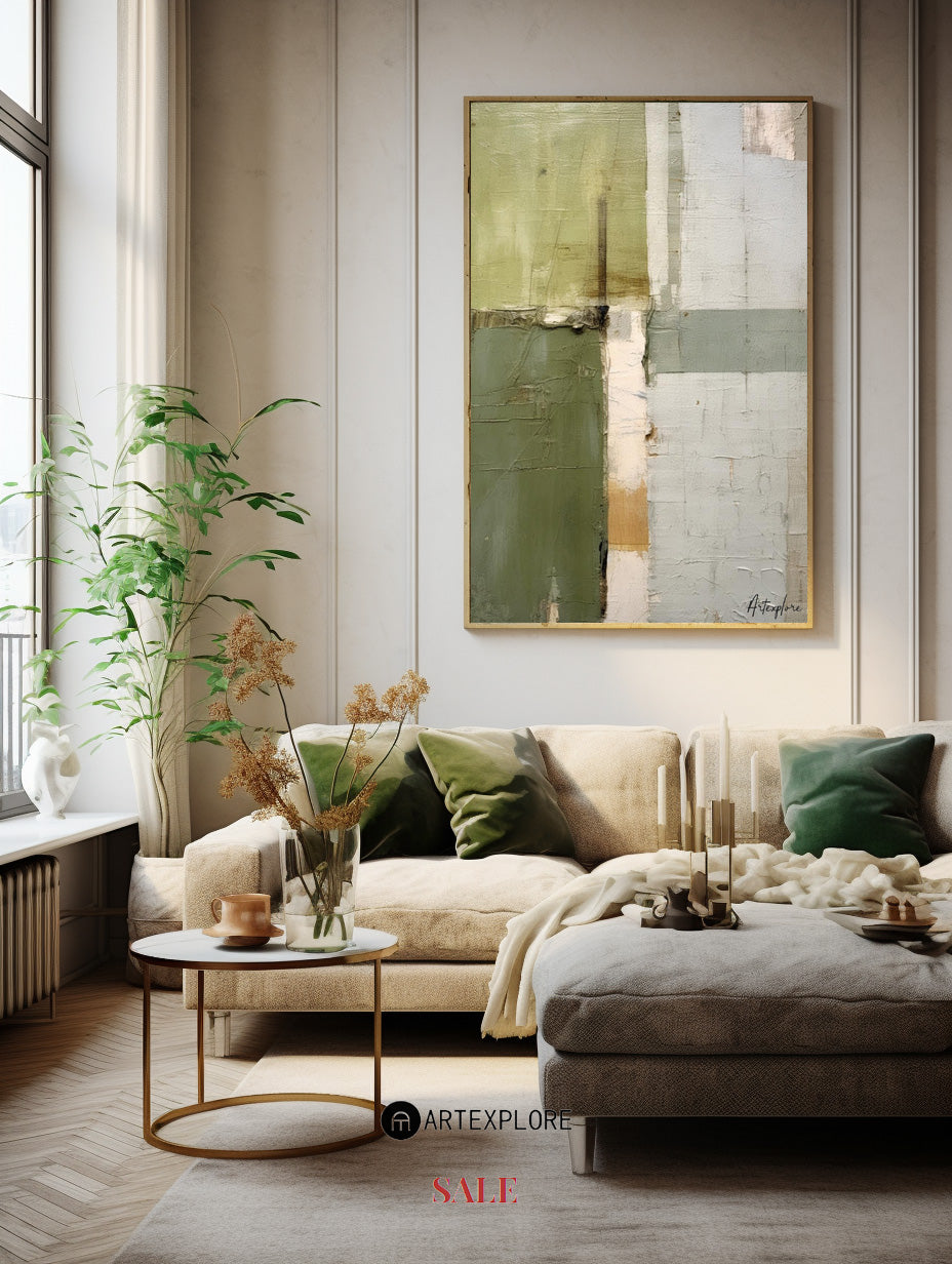 Wabi-sabi Green Abstract Art, Green Minimalist Painting, Luxury Textured Canvas Wall Art 