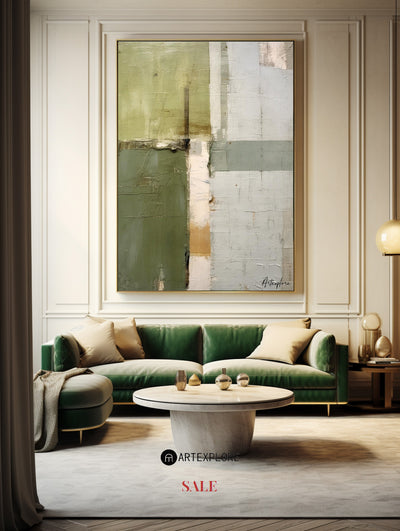 Wabi-sabi Green Abstract Art, Green Minimalist Painting, Luxury Textured Canvas Wall Art 