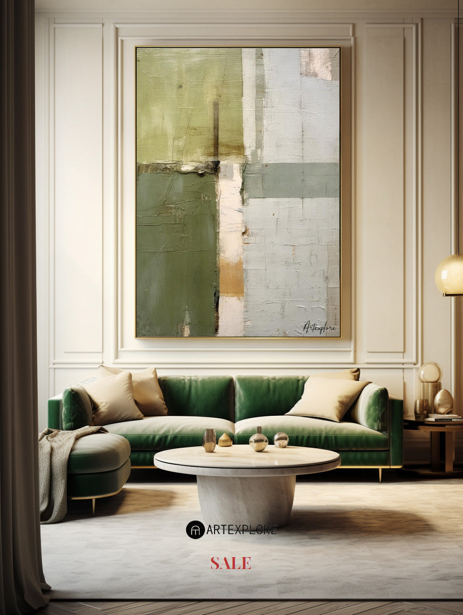Wabi-sabi Green Abstract Art, Green Minimalist Painting, Luxury Textured Canvas Wall Art 