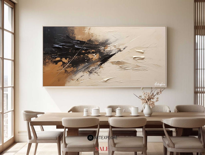 Large tan and beige abstract painting Japandi black beige wall art for livingroom