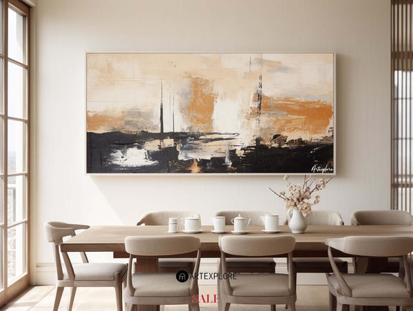 Wabi-sabi black beige canvas paintings, dark beige soft brush strokes painting for sale