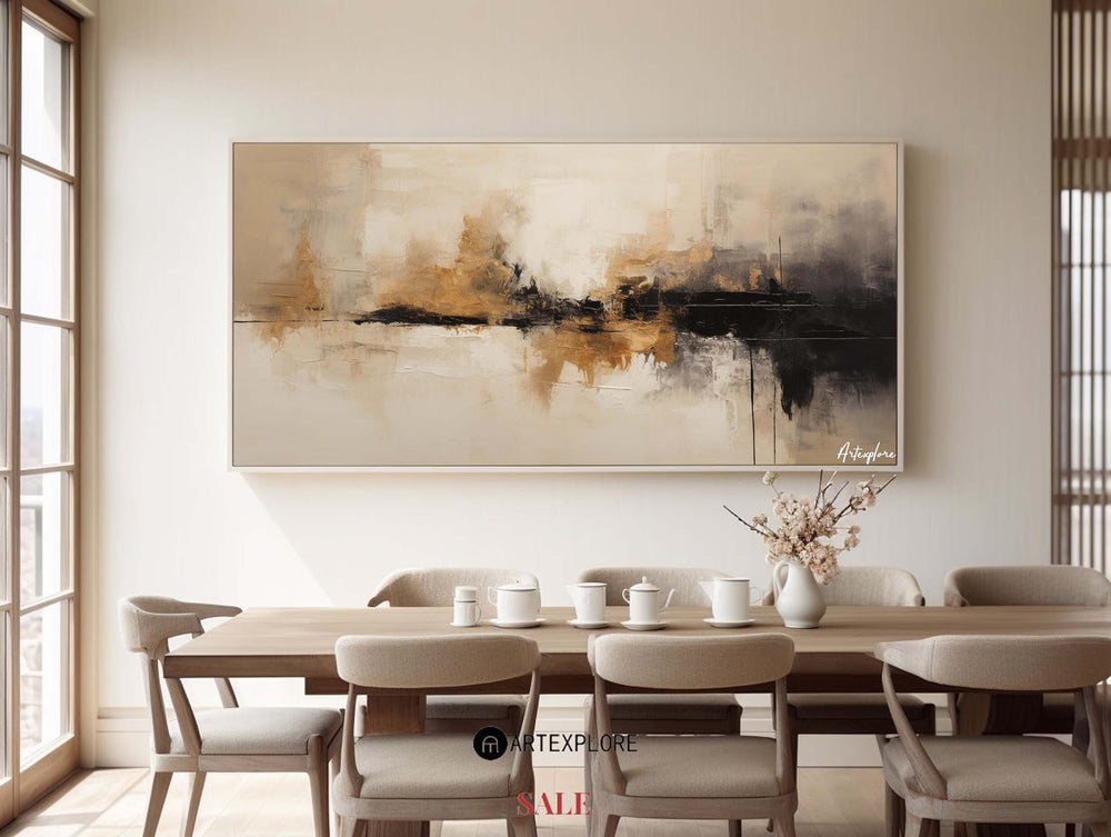 Large tan abstract painting, black beige canvas paintings, soft brush strokes painting for sale
