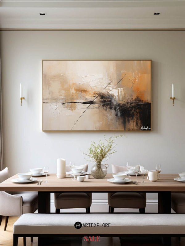 Large black and beige canvas paintings, thick textured abstract wall paintings