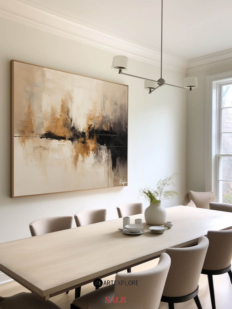 Large tan abstract painting, black beige canvas paintings, soft brush strokes painting for sale