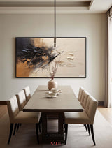 Large tan and beige abstract painting Japandi black beige wall art for livingroom