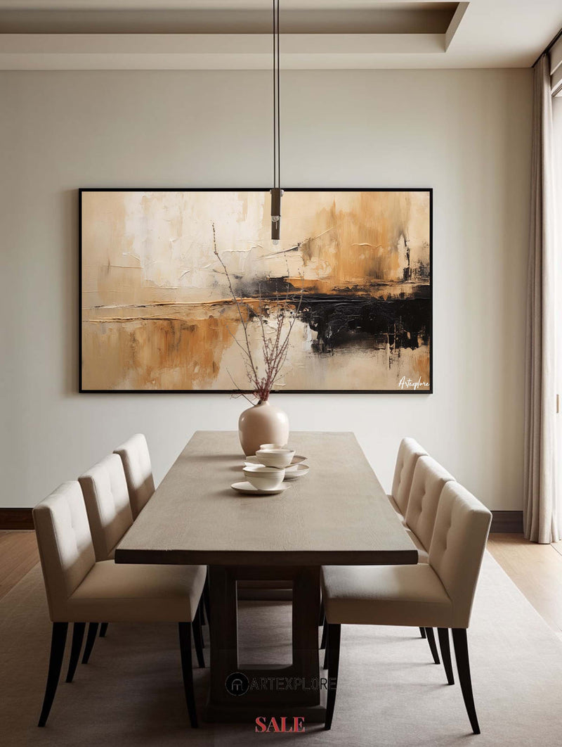 Modern large tan and brown abstract painting, black and beige acrylic painting for sale