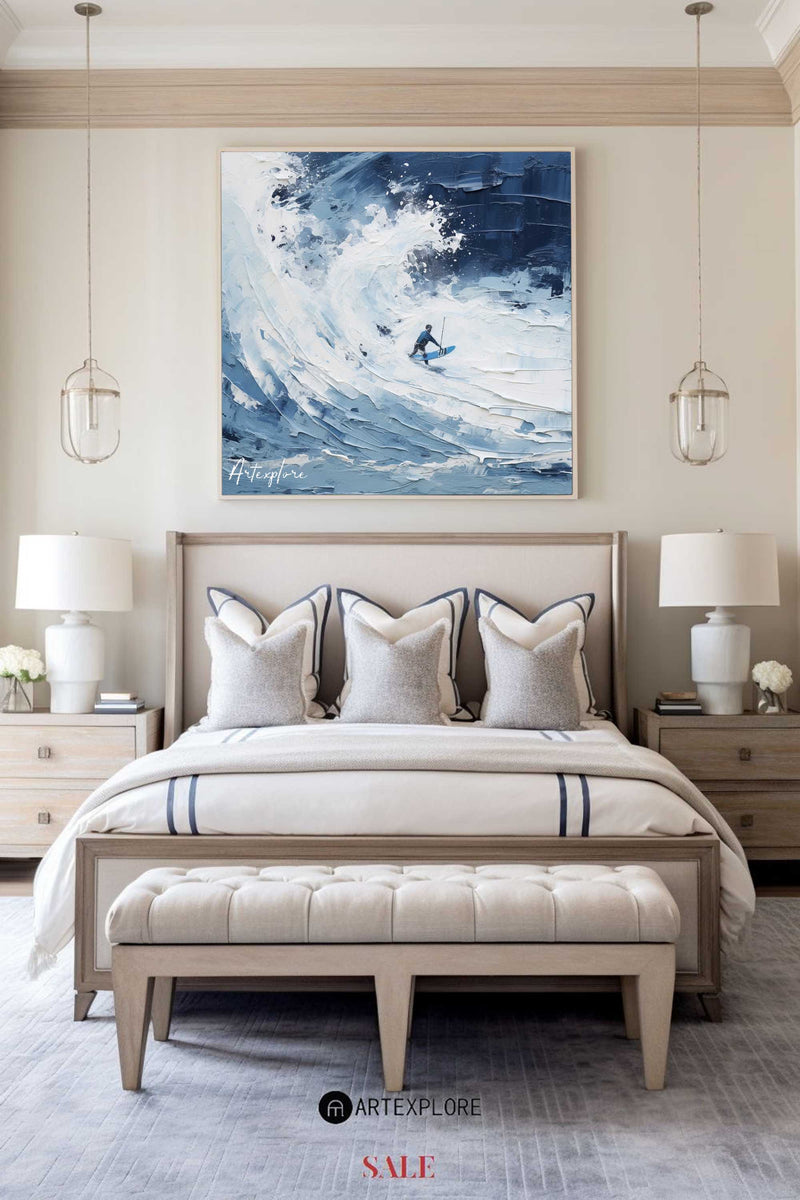 Original Blue Surf Paintings On Canvas White Blue Surf Thick Textured Painting For Sale