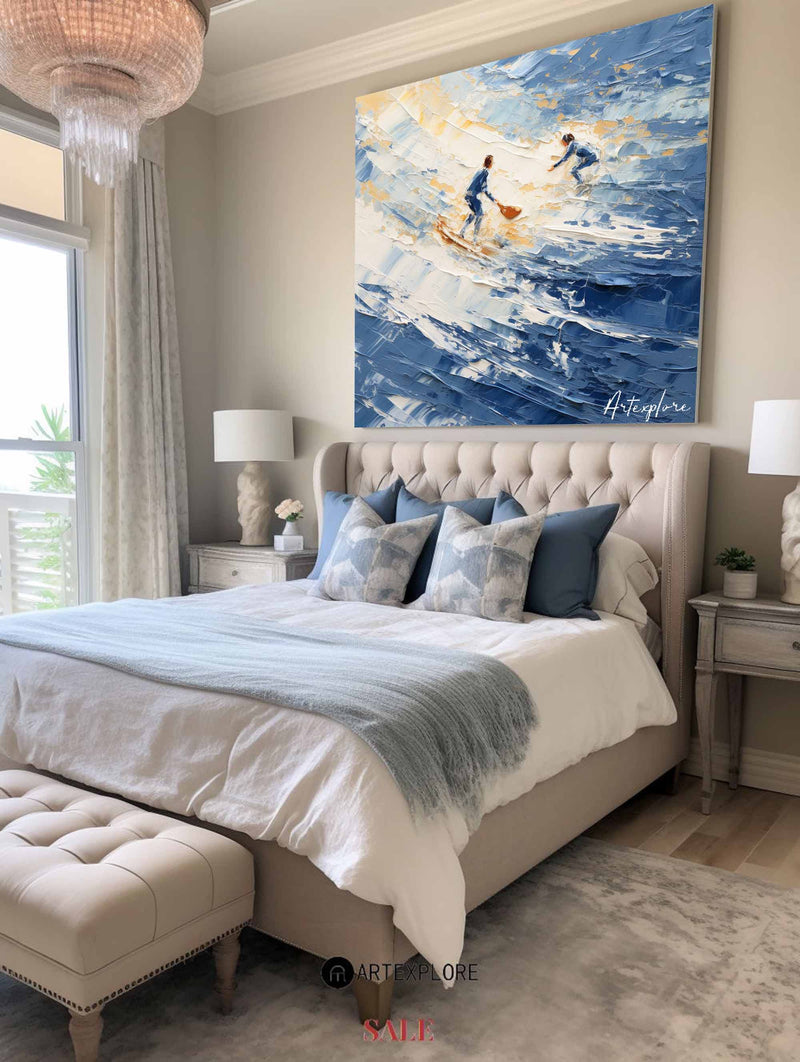 Large Surf Acrylic Paintings Blue Surf Art Modern Hand-made Thick Texture Painting