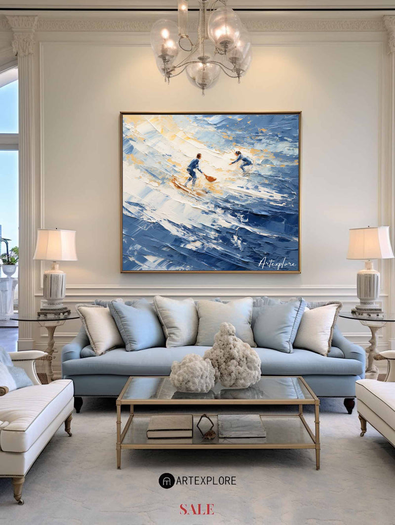 Large Surf Acrylic Paintings Blue Surf Art Modern Hand-made Thick Texture Painting