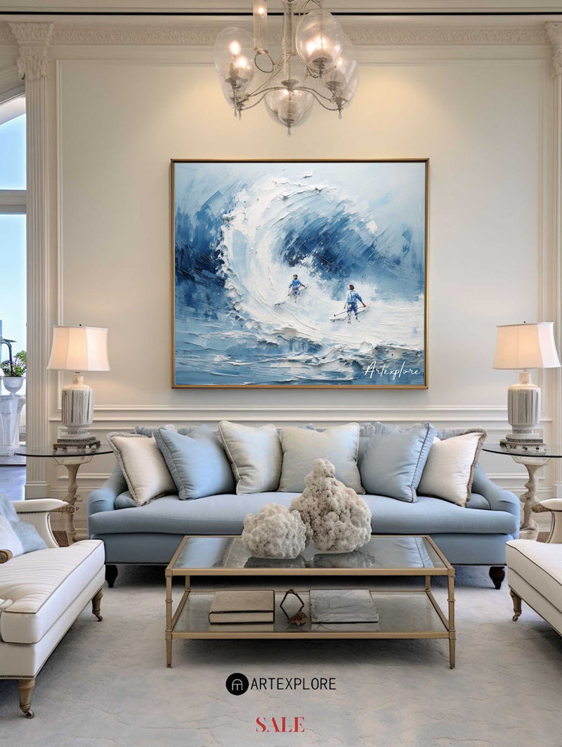 Modern Blue Ocean Wave Wall Art Paintings White Blue Surf Canvas Painting Rich Textured Paintings