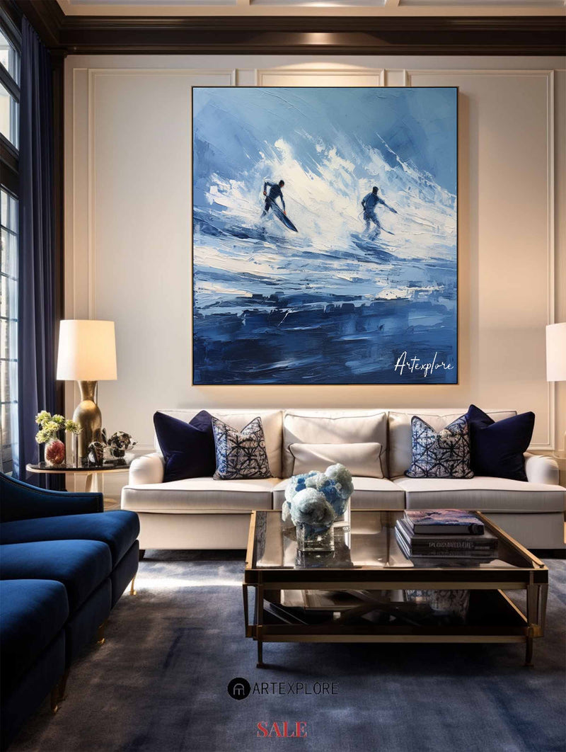 Original Blue Ocean Wave Wall Art Paintings Blue Surf Canvas Wall Art Modern Texture Painting 