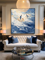 Large Surf Acrylic Paintings Blue Surf Art Modern Hand-made Thick Texture Painting