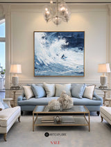 Original Blue Surf Paintings On Canvas White Blue Surf Thick Textured Painting For Sale