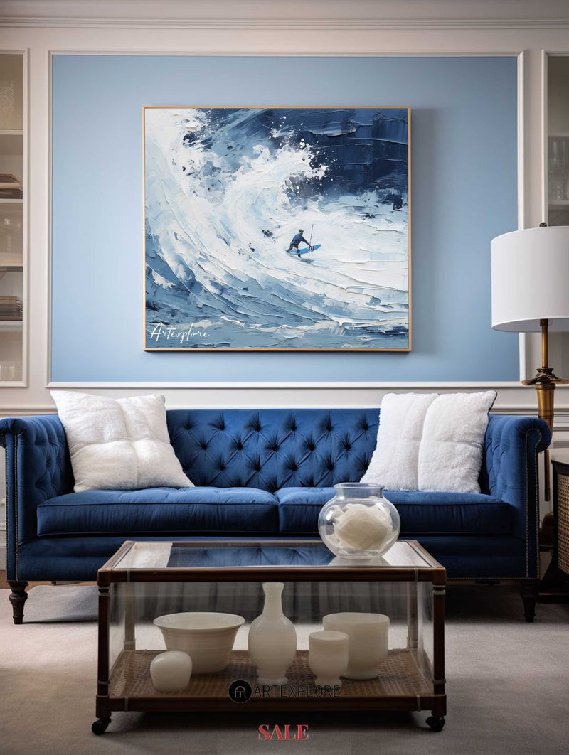 Original Blue Surf Paintings On Canvas White Blue Surf Thick Textured Painting For Sale