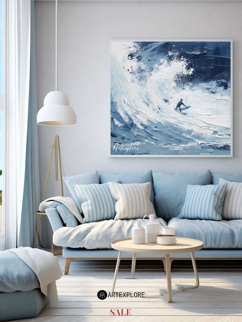 Original Blue Surf Paintings On Canvas White Blue Surf Thick Textured Painting For Sale