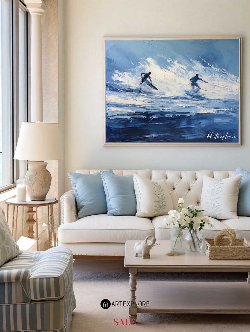 Original Blue Ocean Wave Wall Art Paintings Blue Surf Canvas Wall Art Modern Texture Painting 