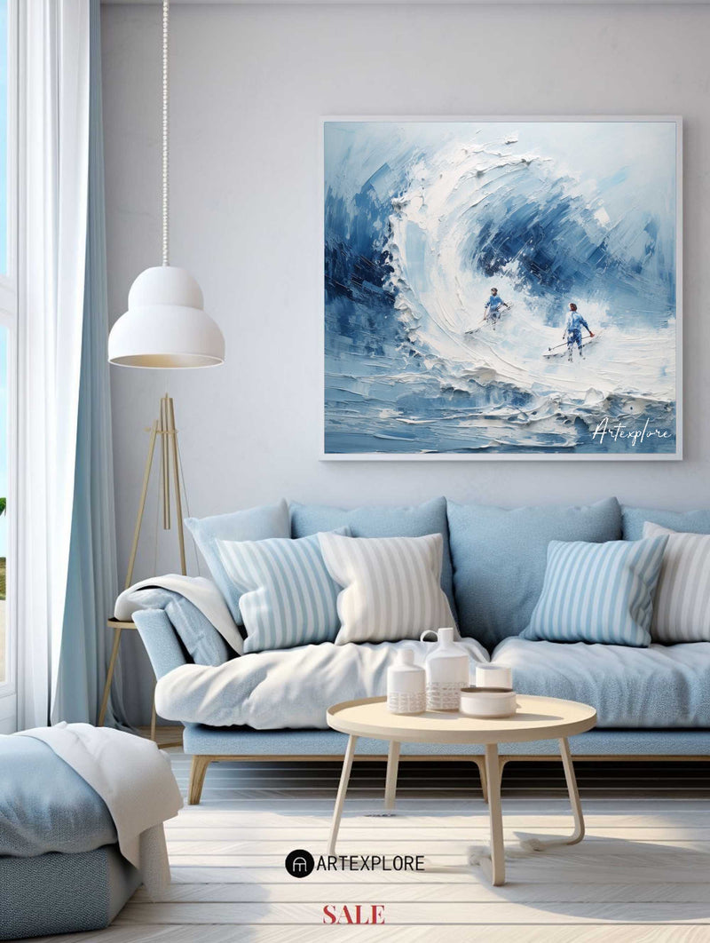 Modern Blue Ocean Wave Wall Art Paintings White Blue Surf Canvas Painting Rich Textured Paintings